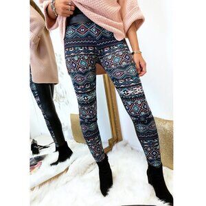 NWT Geometric Aztec Ethnic Boho Print Faux Leather Detail Multicolor Leggings